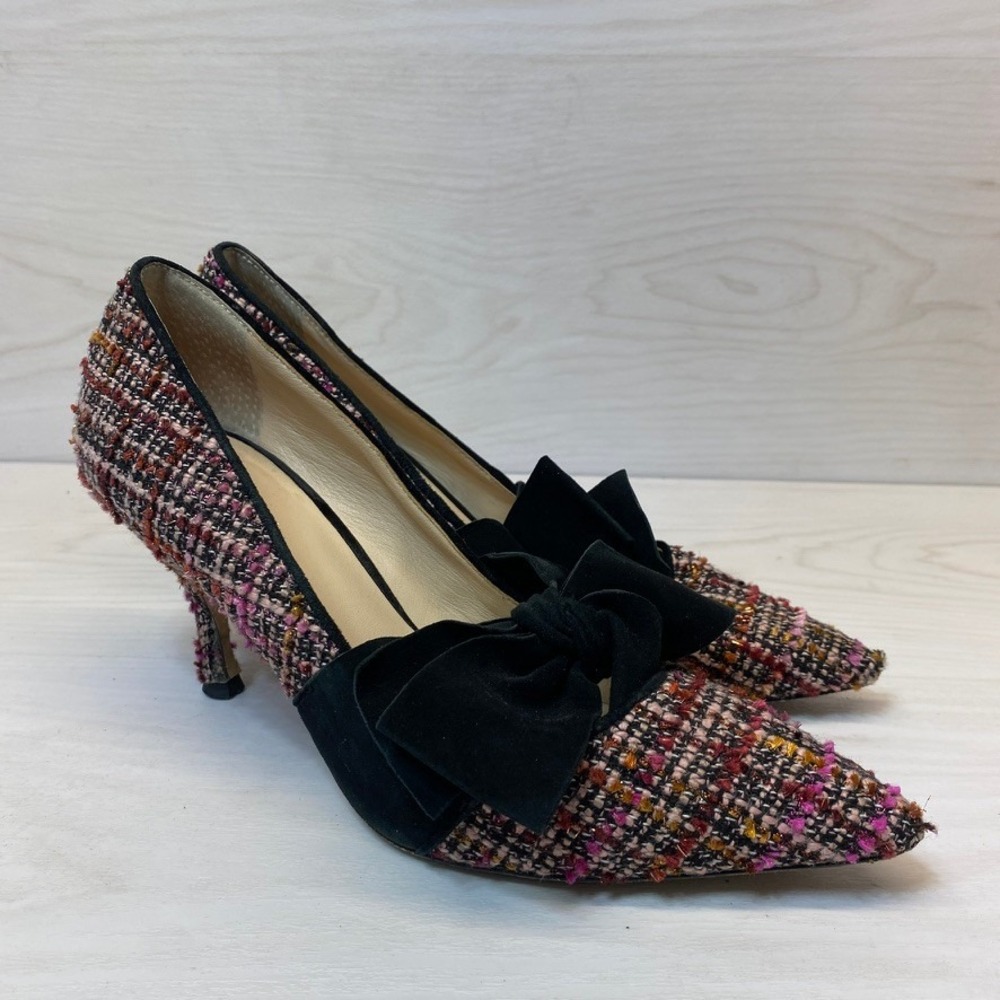 Kate Spade Womens 7.5M Ursula Tweed Pumps Bow Pointed‎ Toe Pink Black Heels